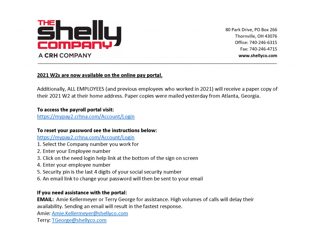 2021 W2s Are Now Available On The Online Pay Portal The Shelly Company